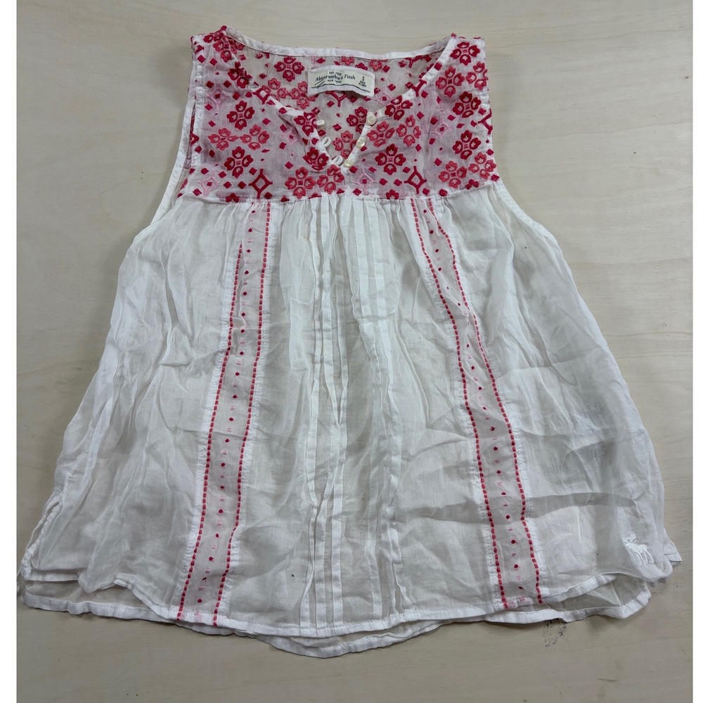 Abercrombie & Fitch White Pink Embroidered Gauze Sleeveless Babydoll Top Small